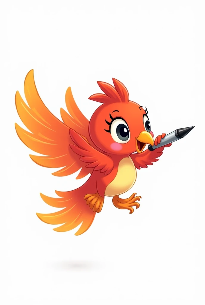 Cute cartoon of a phoenix biting a pen while flying, white background.