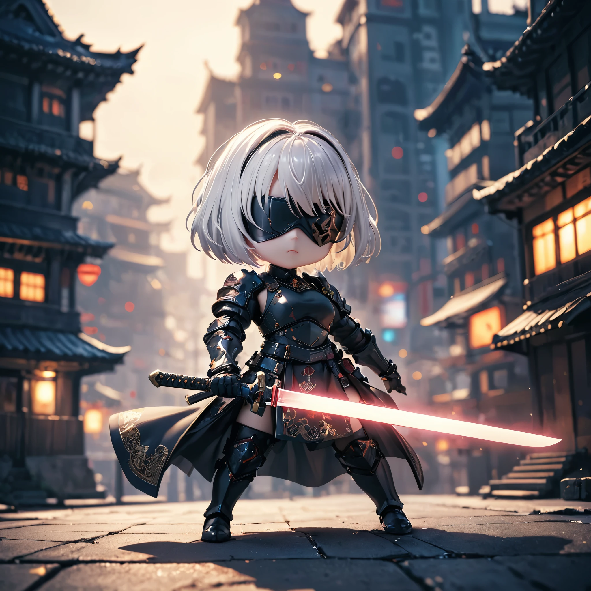 amazing quality, masterpiece, best quality, hyper detailed, ultra detailed, UHD, HDR, DOF, depth of field,
short hair, white hair, solo, wearing ornate armor, gold trim, fighting stance, , closed mouth, holding sword, glowing sword, cyberpunk city, old building,
Chibi Knight,(holding Japanese samurai blade)
type2b, black_blindfold, black_hairband, 
action shot,fighting shot.
extremely detailed,