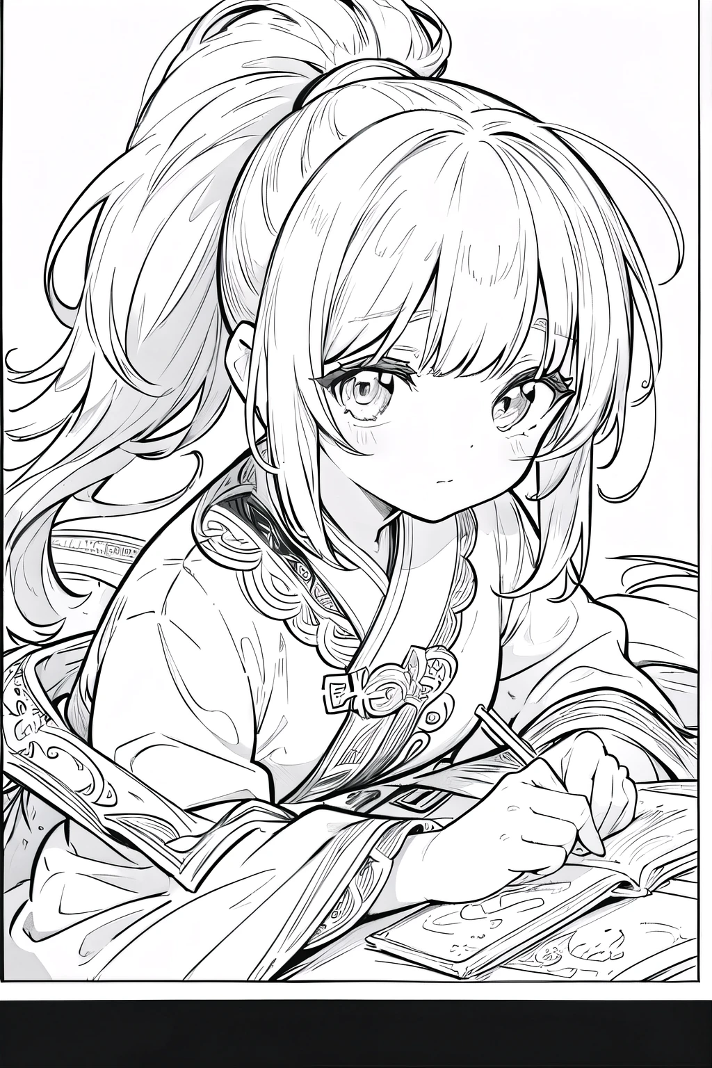 As a coloring book, the color should be black and white, the border should be simple, clear, and bold. A cartoon picture book of a realistic Asian girl with a ponytail, Complex clothing, Very detailed, Dynamic Angle, The most beautiful form of chaos, elegant