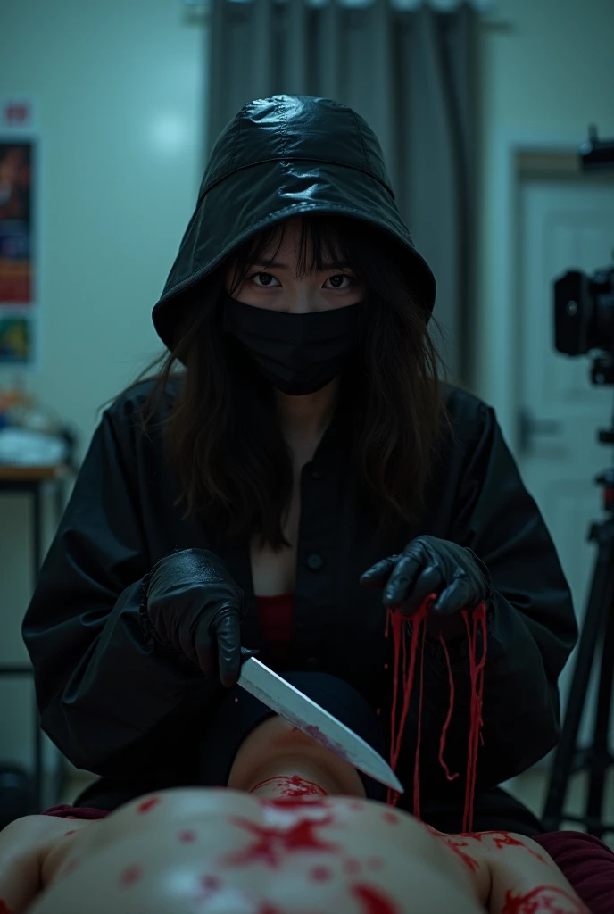 korean girl, (behind stiff, holding knife), black surgical mask, black gloves, girl's room, black raincoat, holding knife, bucket hat, black gloves, woman on top, looking at viewer, behind cadaver, blood splatter, night, mass murderer, killer, wavy hair, blood splatter, dark atmosphere, cinematic lighting, neon light, tripod and camera in the back, shooting with camera
