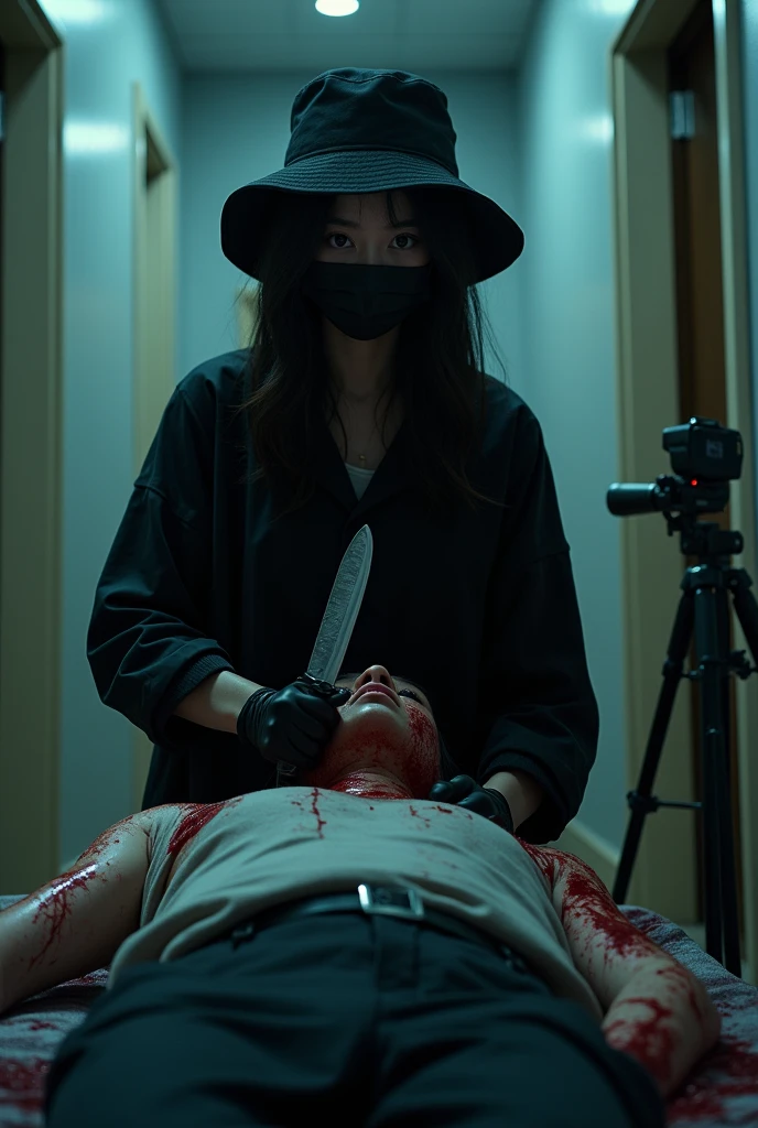 korean girl, (behind stiff, holding knife), black surgical mask, black gloves, girl's room, black raincoat, holding knife, bucket hat, black gloves, woman on top, looking at viewer, behind cadaver, blood splatter, night, mass murderer, killer, wavy hair, blood splatter, dark atmosphere, cinematic lighting, neon light, tripod and camera in the back, shooting with camera
