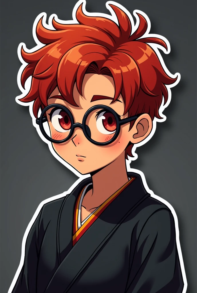 Cute Sticker boy short red hair round glasses black kimono straight hair dark background brown skin mature face red eyes