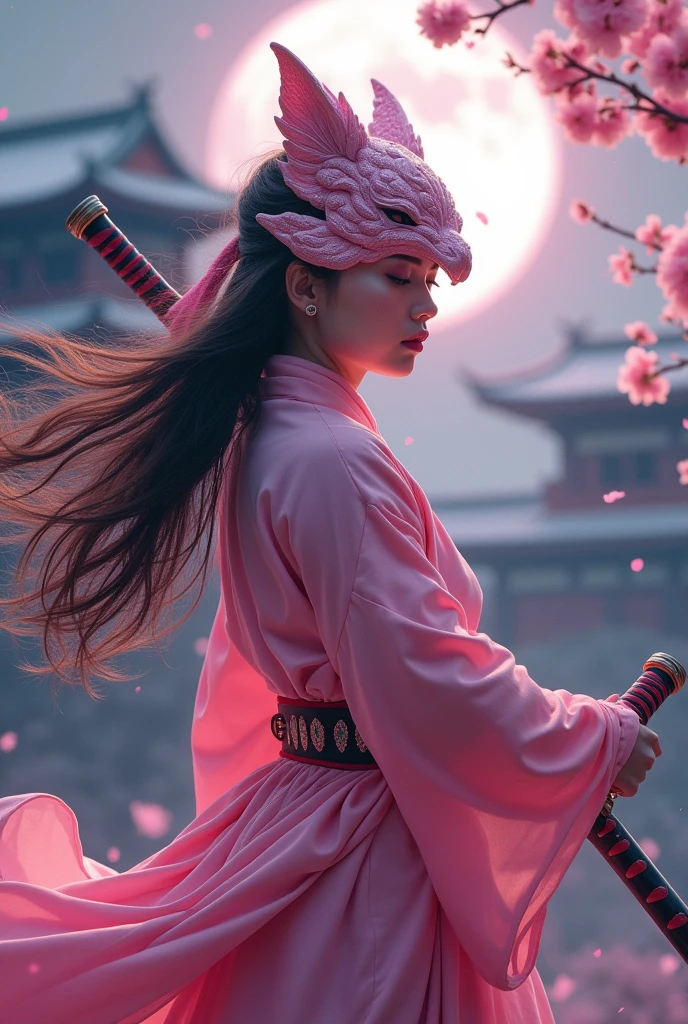"Generate a full-body cinematic image of a traditional female kunoichi (female ninja) from ancient Japan, set under the mystical glow of the moonlight. She is unsheathing her katana with grace and determination. She wears traditional kunoichi attire, but with the iconic pink color scheme inspired by the Mighty Morphin Pink Power Ranger. Her iconic power ranger helmet, a key feature, is an organic, animal-shaped design resembling a fierce yet elegant creature. Her peach-toned skin glows softly in the moonlight. Sakura blossoms gently fall around her, adding to the serene yet intense atmosphere. The background features a grand Japanese castle, partially illuminated by the moon, surrounded by the rural beauty of ancient Japan. Her hair moves slightly in the breeze, adding life to the scene. The image should capture the elegance, strength, and mystery of the kunoichi, with every detail, from her skin texture to the fabric of her attire, rendered in stunning 1200 DPI