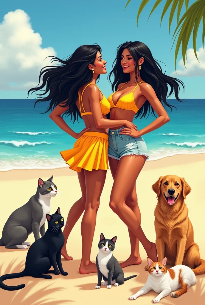 a drawing of two Brazilian women with black hair and surfing clothes sitting on the beach with two gray cats, two striped cats, a black and white cat, two white and orange cats and a golden retriever dog sitting next to each other