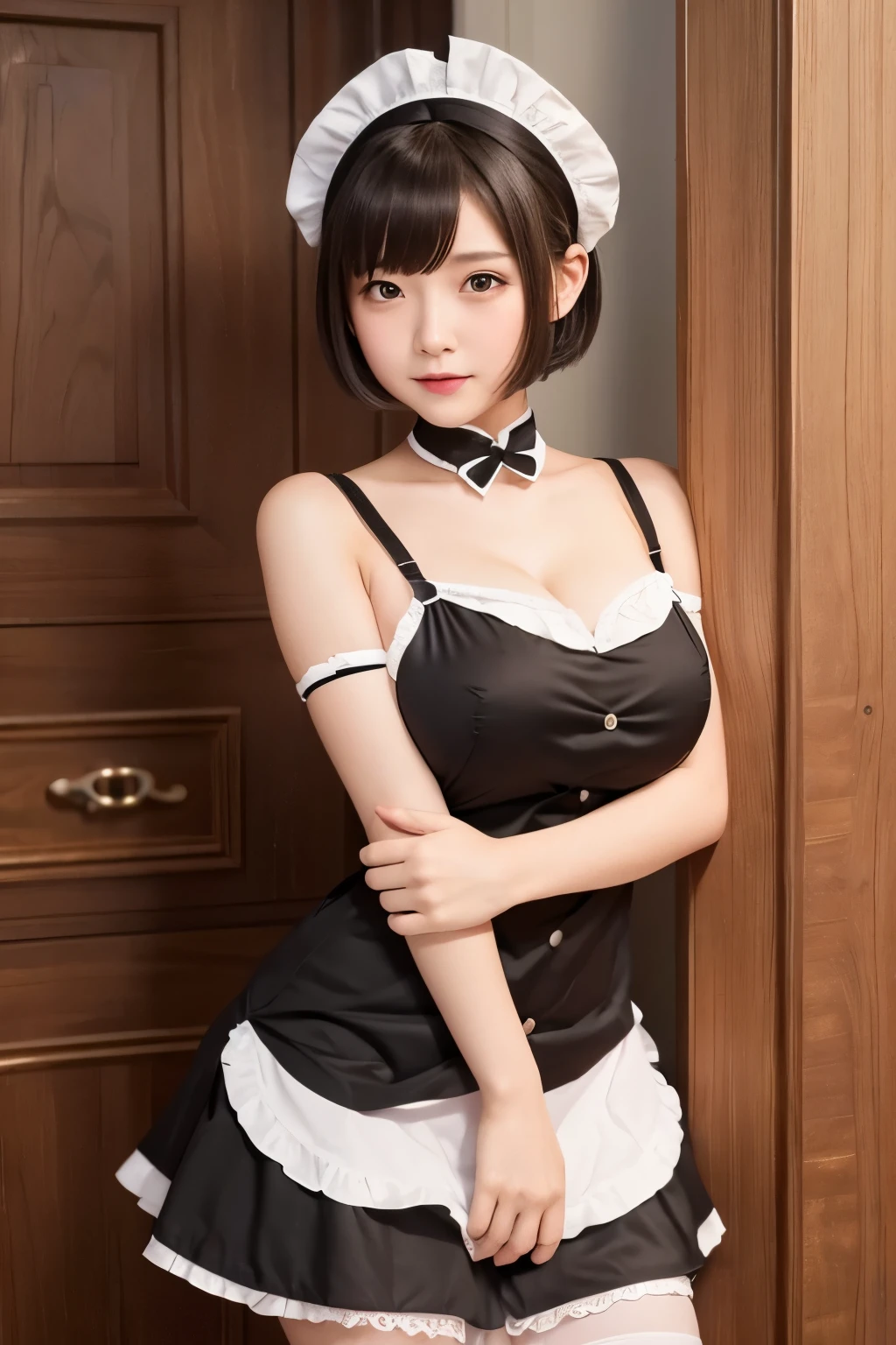 A animated girl in maid outfit with her straps down below and showing of her medium sized c cup boobs and also she has a short bob cut and the maid outfit should have a kind of mini skirt, the girl should have a moaning expression on her face
