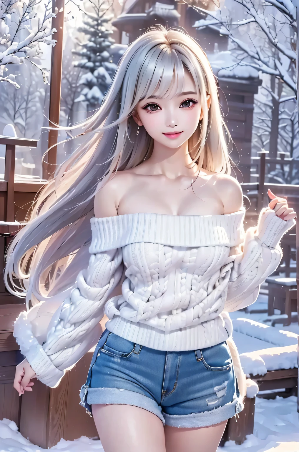 ((masterpiece:1.5、8k、Portraiture、Photorealistic and very detailed CG、Very detailed、Particle Effects、Dynamic Effects、Shallow depth of field、Cinematic Light、Lens flare、Ray Tracing、Tabletop、Realistic:1.4、Ultra-high resolution:1.2、Realistic、Realistic))((alone、 off shoulder knit sweater、Shorts、Elegant woman posing、Detailed face、brightexpression、young, bright, Whiter skin、Ample breasts、Best Looks、Ultimate beauty、Shiny silver hair with highlights、bright and shiny hair,、Super long, Silky straight hair、Hair dancing in the wind))(morning、The setting is outdoors in the snow、Surrounded by illuminations)