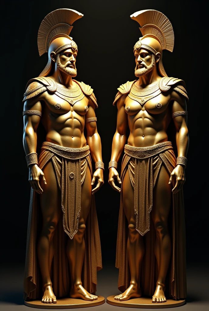 A MAN AND WOMEN GOLDEN STATUE WEARING FORMAT OUTFIT & SPARTANS HELMET, LOOKING FORWARD, BLACK BACKGROUND