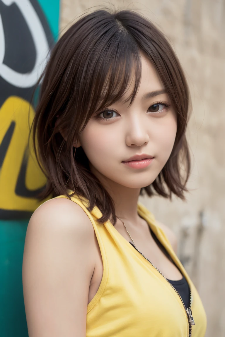 masterpiece, highest quality, Very detailed, 8k, Realistic, One Girl, alone, Tomboy, Very detailed face, (head shot:1.5), Upper Body, Standing in front of a wall covered in hip hop graffiti, Light brown pixie cut hair, She is wearing a tight, short, thin black tank top and an open-zip yellow hoodie., No bra、Reaching into the pocket of a hoodie、Close-up of tank top showing nipples