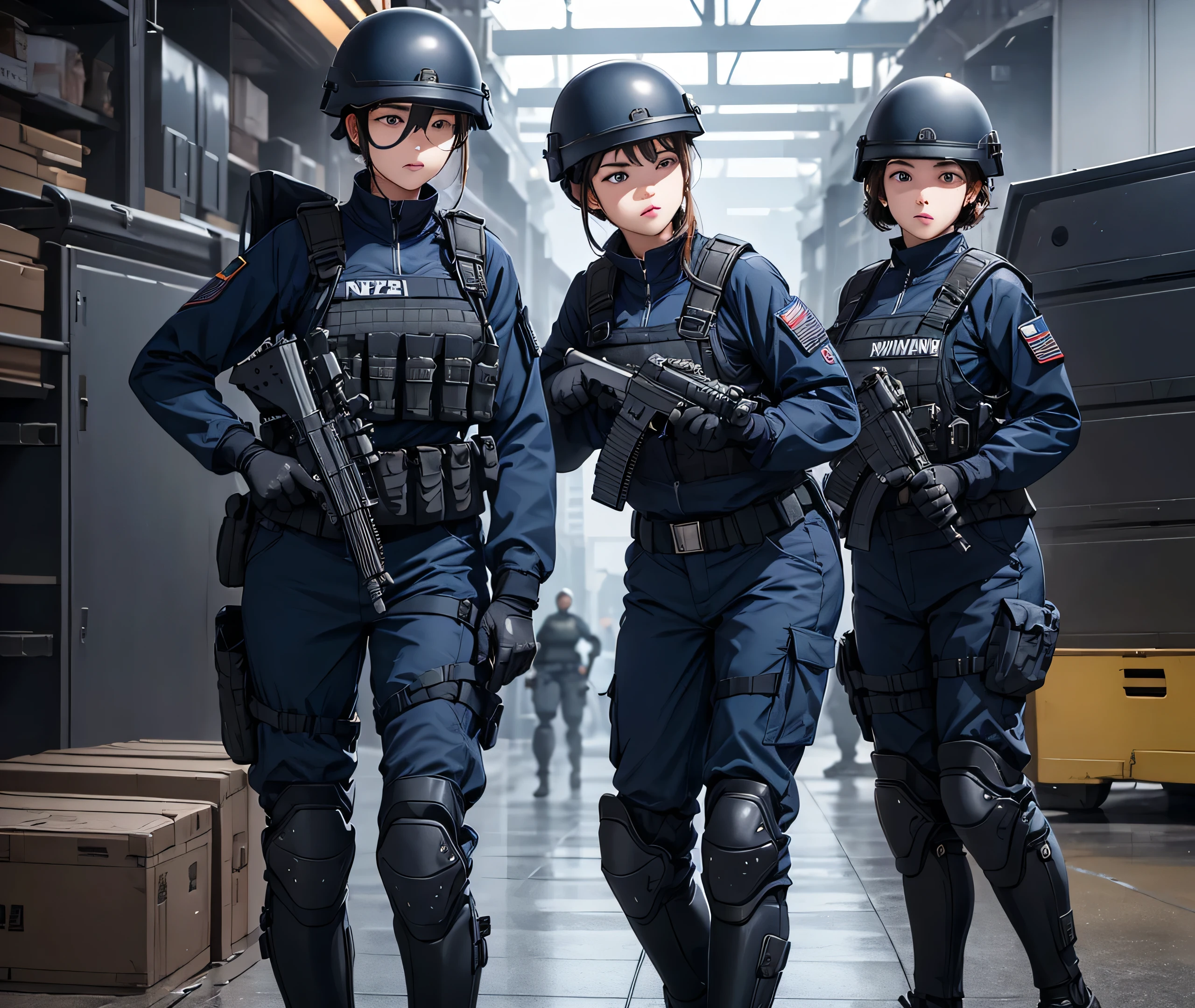 A group of female special forces soldiers wearing helmets，Navy blue uniforms、Military Pants、Knee pads、Hold a gun in both hands、Port terminals、Write details、masterpiece、best quality、Highly detailed CG、8K picture quality