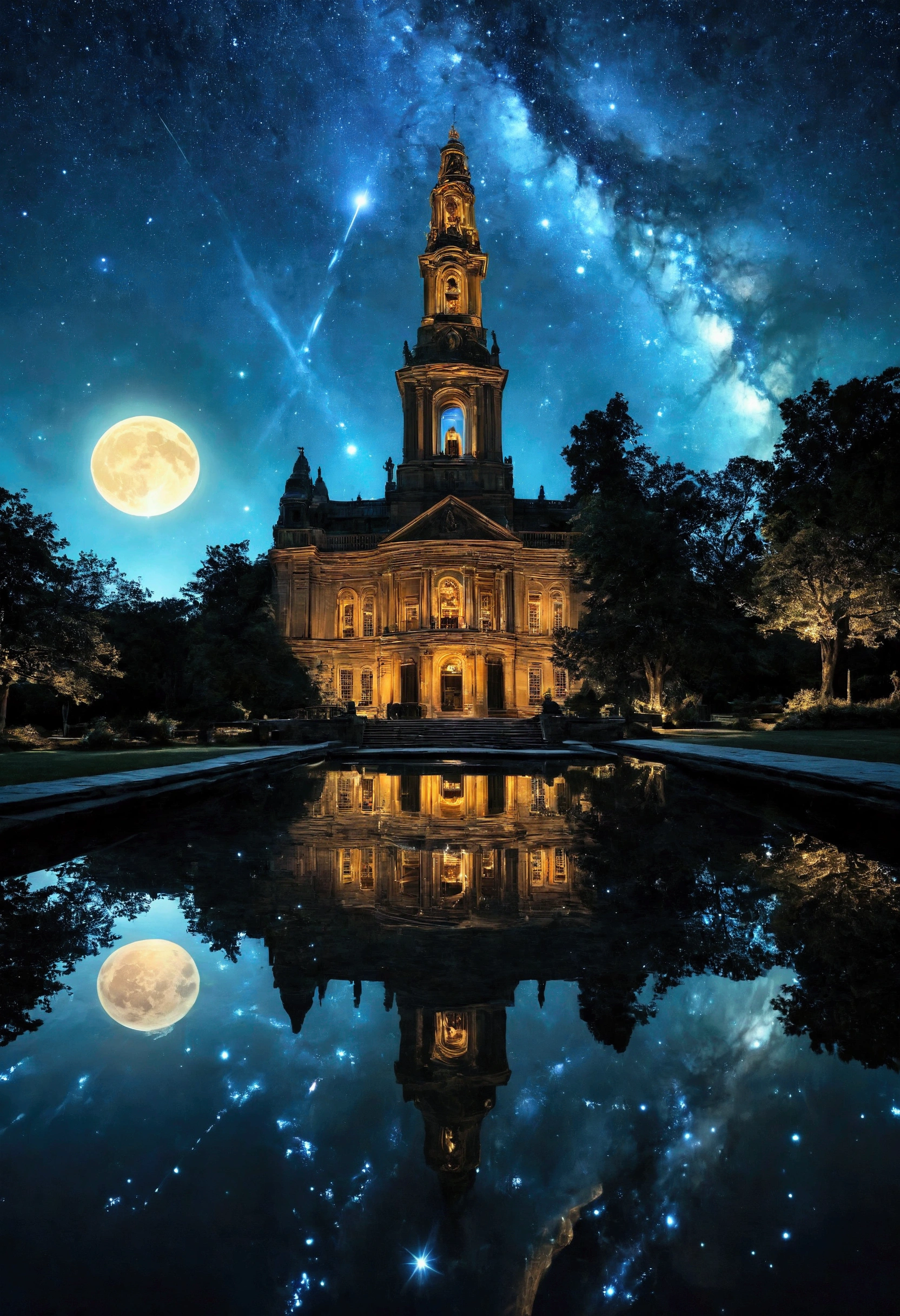 Capture an award-winning, ultra-realistic photograph of a beautiful monument build entirely by glass in the night. The beautiful monument build entirely by glass is flawless, creating a smooth, mirror surface that reflects the luminous stars in the clear night sky above. The composition should give the impression that the beautiful monument build entirely by glass is the continuation of starry night sky, as if the beautiful monument build entirely by glass also host the heavens. The clear, crisp air of the night enhances the serenity of the scene, with the soft glow of the stars casting a subtle, ethereal light on the glass surface. The reflection is so perfect that it blurs the line between the sky and the beautiful monument build entirely by glass , creating a surreal, dreamlike atmosphere. The overall image should evoke a sense of tranquility and wonder, capturing the beauty of both the the night sky and the reflection in a harmonious, breathtaking composition.