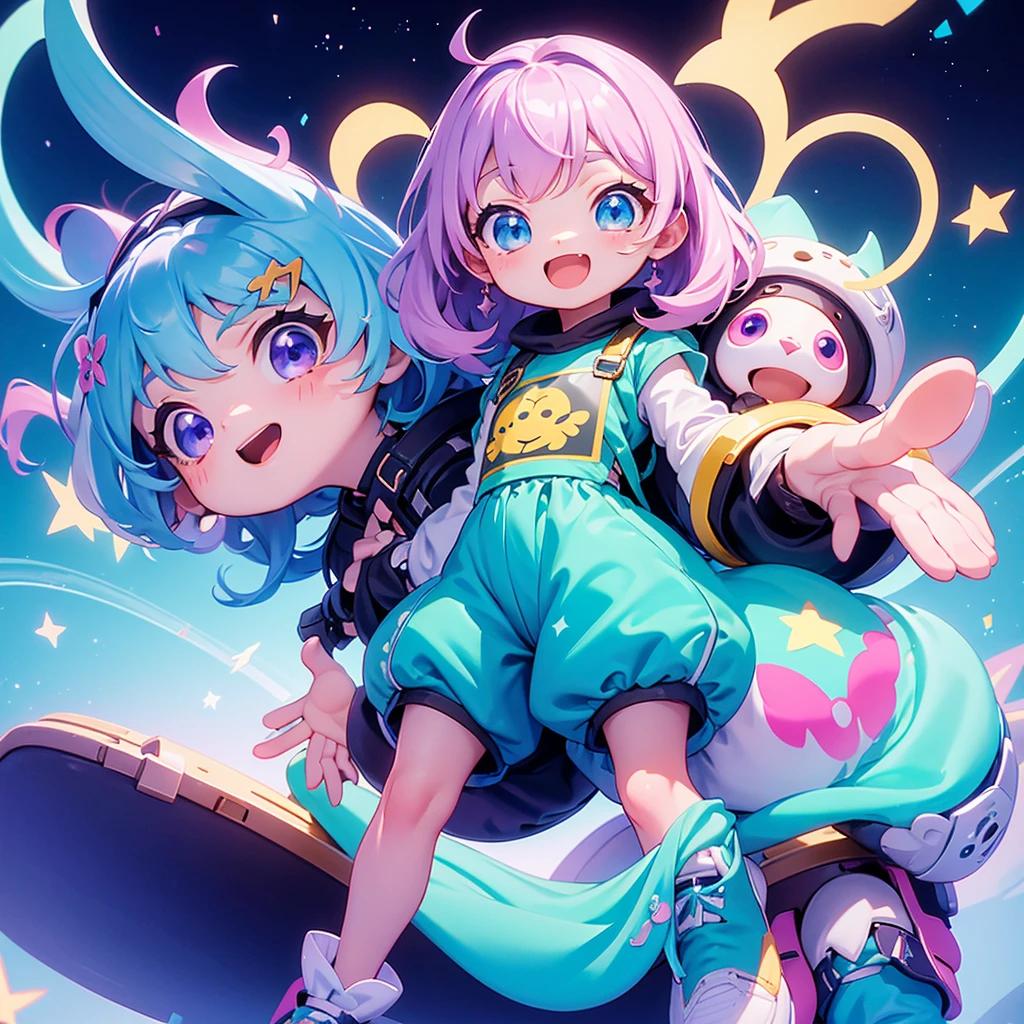 best quality, incredibly absurdres, extremely detailed, 2.5D, delicate and dynamic, chibi, cute girl, wearing baggy clothes, sparkly and vivid color effects, background another dimension,アニメスタイル、