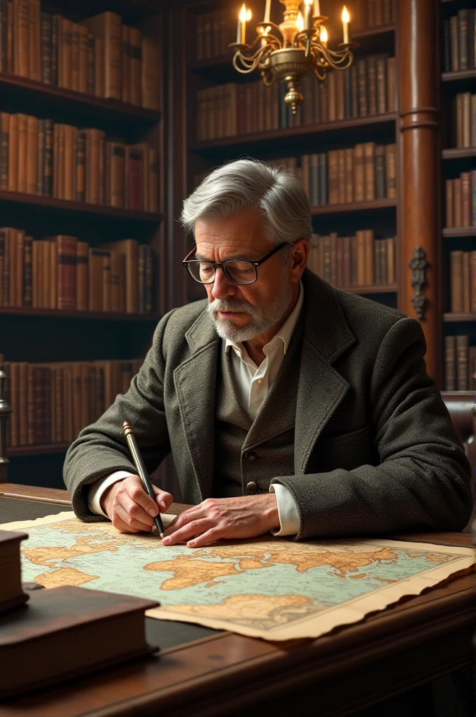  An expert historian sitting in a library with books and maps