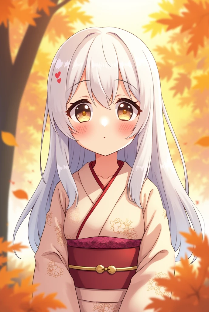 Anime illustration icon Cute white hair Older sister Kimono with red heart on right cheek Autumn leaves