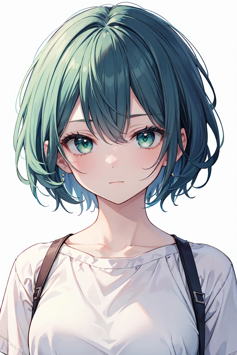 (masterpiece, best quality, ultra high quality:1.1), ((portrait)), 1girl, solo, young girl, blue short hair, wearing mordern casual clothes, simple white background, green eyes, facing viewer, looking at viewer, upper body, white background