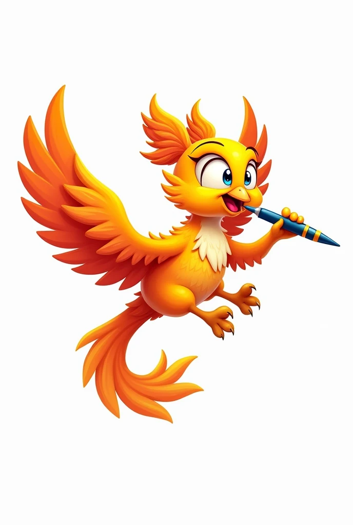 Cute cartoon of a male phoenix biting a pen while flying, white background.