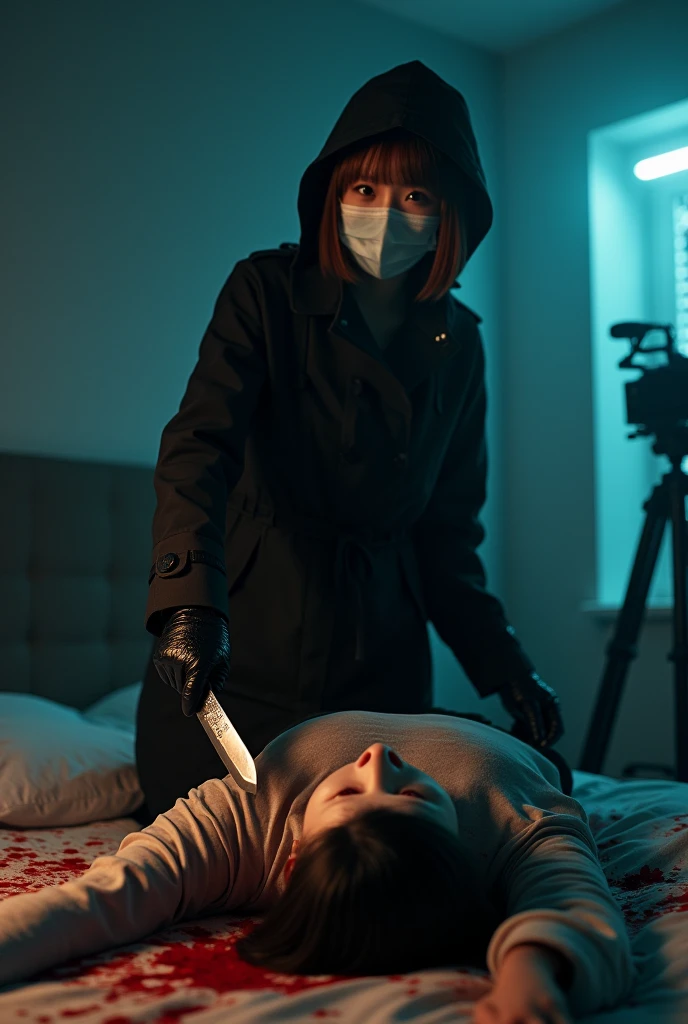 korean girl, (behind stiff, holding knife), surgical mask, black leather gloves, room, black raincoat, hood up, holding knife, leather gloves, woman on top, behind cadaver, looking at viewer, blood splatter, bed room, night, mass murderer, killer, short hair, blood splatter, dark atmosphere, cinematic lighting, atmospheric realistic, neon lighting, tripod and camera in the back, shooting with camera