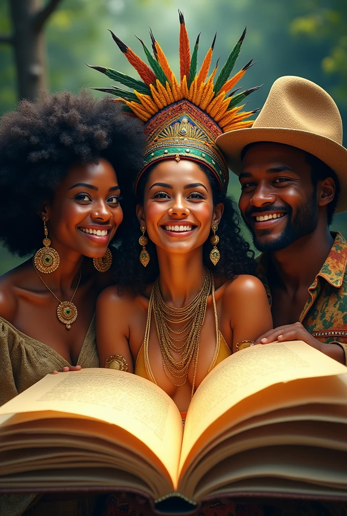 three people. a black African woman, A VERY BEAUTIFUL INDIGENOUS WOMAN FROM THE AMAZON WITH A HEADDRESS AND A MAN FROM THE NORTHEAST OF BRAZIL WITH A CANGACEIRO HAT, ALL SMILING AND WELL CHARACTERIZED COMING OUT OF A BOOK IN AN ARTISTIC WAY
