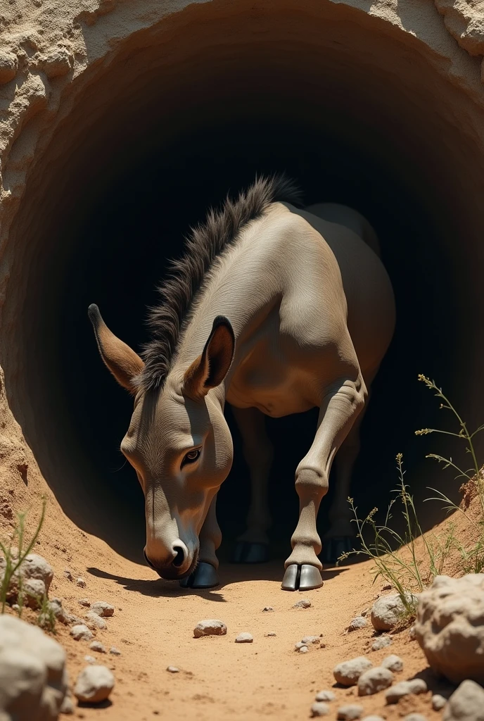 Imagine donkey is stepping on dirt to come out of deep well