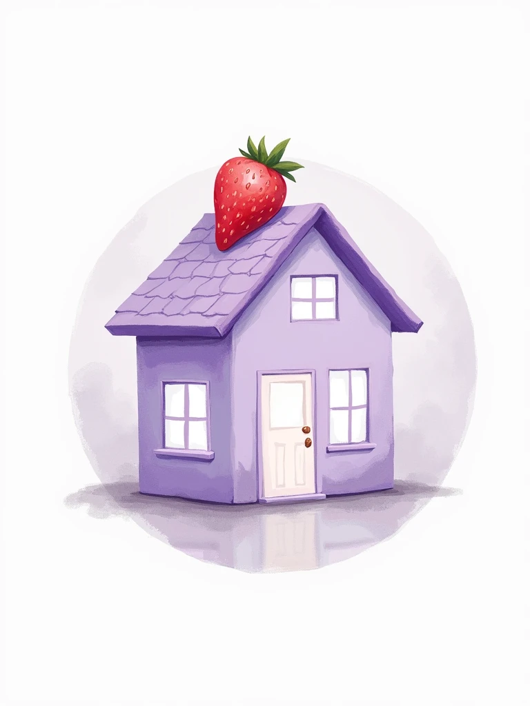 a circular logo featuring a light purple (lilac) house and a strawberry in place of the flower and fruit. The artwork should mimic the watercolor style seen in the provided image. The background should be transparent (PNG format) to ensure that nothing else is included beyond what has been described. Ensure that the edges of the house and strawberry are cleanly cut out without any rough or pixelated edges for a perfect silhouette effect within the circular frame.