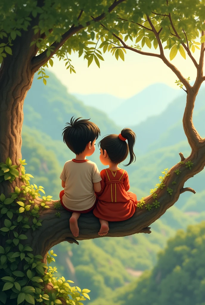 Nepali girl and boy sitting on brach of tree