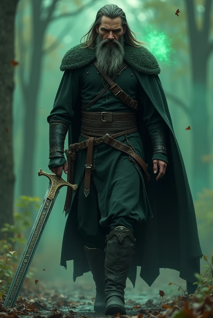 dark fantasy rendering for game, a warrior with a black cape walking towards the camera, he has long hair with a big beard and an angry look on his face, there are some emerald green particles around the warrior, the warrior has a long sword encoded with forgotten symbols