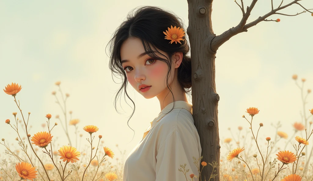 1 girl, standing alone, work of art, high qualiy, trunk, meal, looking ahead at viewer, ayesha altugle, flowers, hair flowers, simple background,