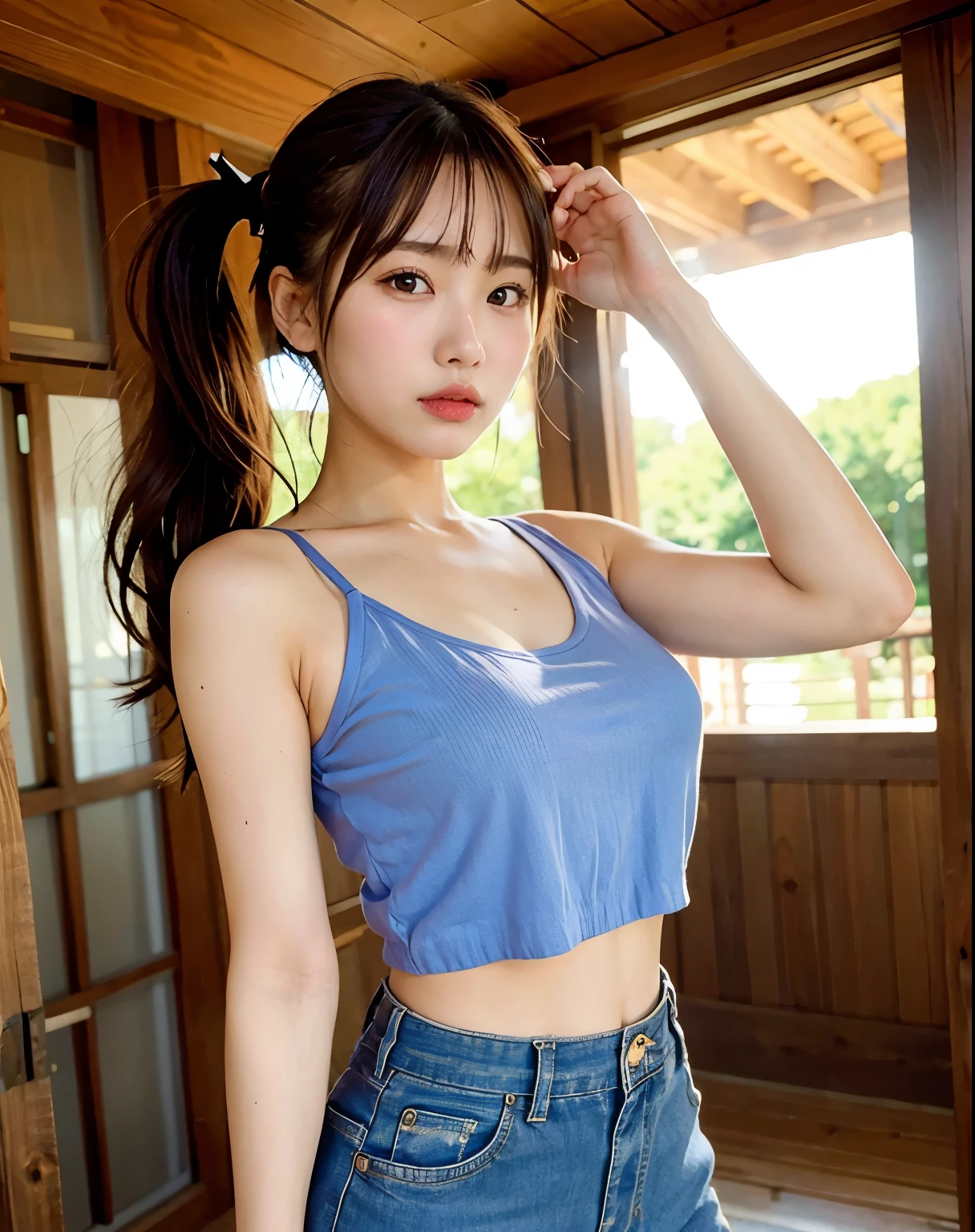 Top quality, 1 beautiful woman, Camisole, from below, (cowboy shot:1.5), 35mm lens, f/1, large chest, hands on head, ponytail