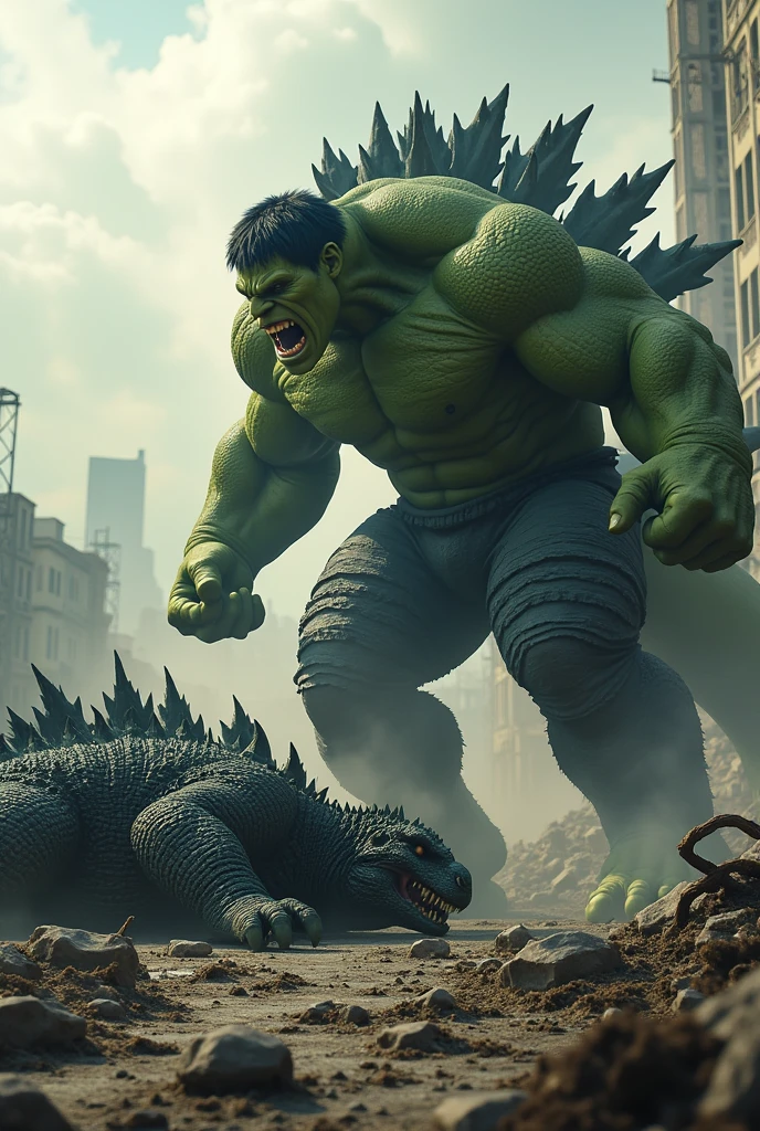 Godzilla has fallen to the ground and is dead, while Hulk, full of rage, is staring at him."