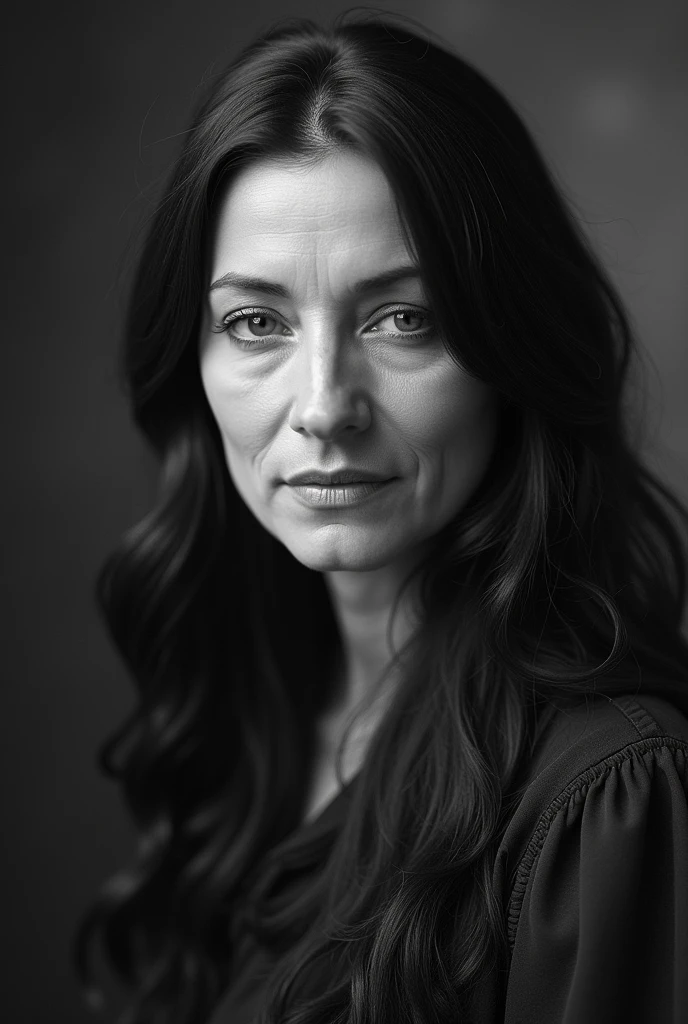 woman, European, black hair, long to the shoulder, 55 years old, black and white photo from 1889