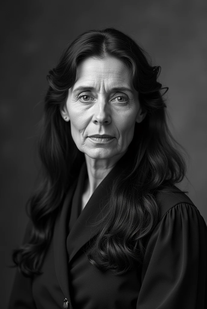 woman, European, black hair, long to the shoulder, 55 years old, black and white photo from 1889
