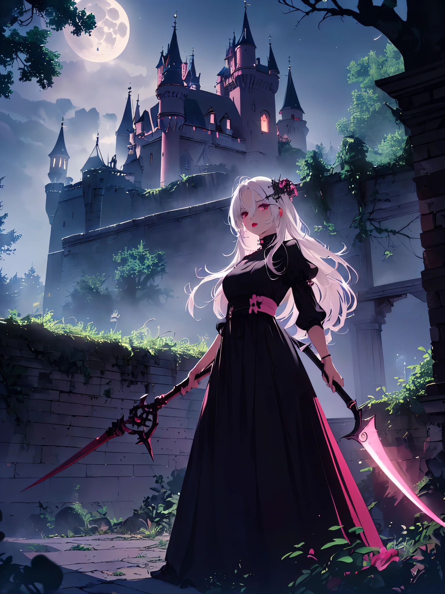 ((1girl, solo, alone, Ninym, white hair, red eyes, hair ornament, small breasts, long hair, fitness)), ((solo, (1woman, pink lipstick), Extremely detailed, ambient soft lighting, 4k, perfect eyes, a perfect face, perfect lighting, a 1girl)), ((black dress, long dress, wielding a red scythe, abandoned castle, haunted castle, fog, mist, night, moon smells, dry trees))