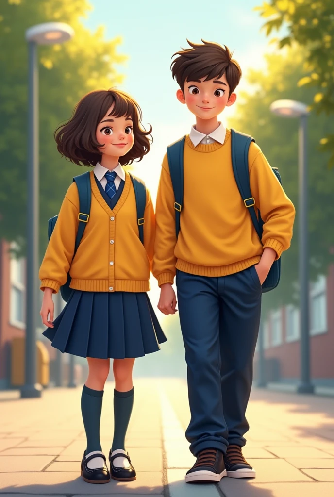 Disney boy and girl in school uniforms with backpacks and may the girl's uniforms be happy ( Yellow wool bust and navy blue pleated skirt , Navy blue tights and black school shoes ) and of the child ( Navy blue cloth pants and yellow sweatshirt ) without a tie