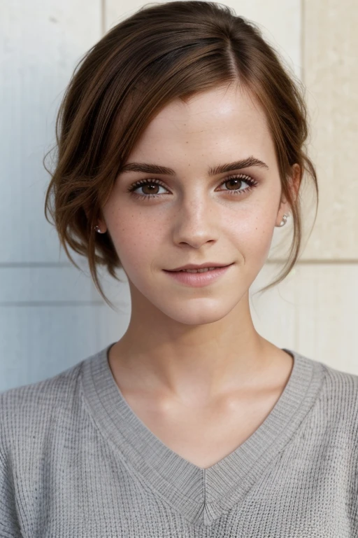 (Emma Watson), closeup headshot, an attracitve woman,in front of a (lodge-wall:1.1),wearing a (vneck-sweater:1.1),(smiling),(4k, RAW photo, best quality, depth of field, ultra high res:1.1),(absurdres, intricate, photorealistic, masterpiece, ultra-detailed:1.1),