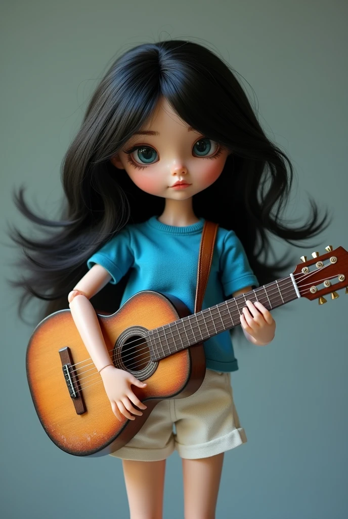 Dark-haired doll with blue shirt and white shorts standing with guitar in hand 