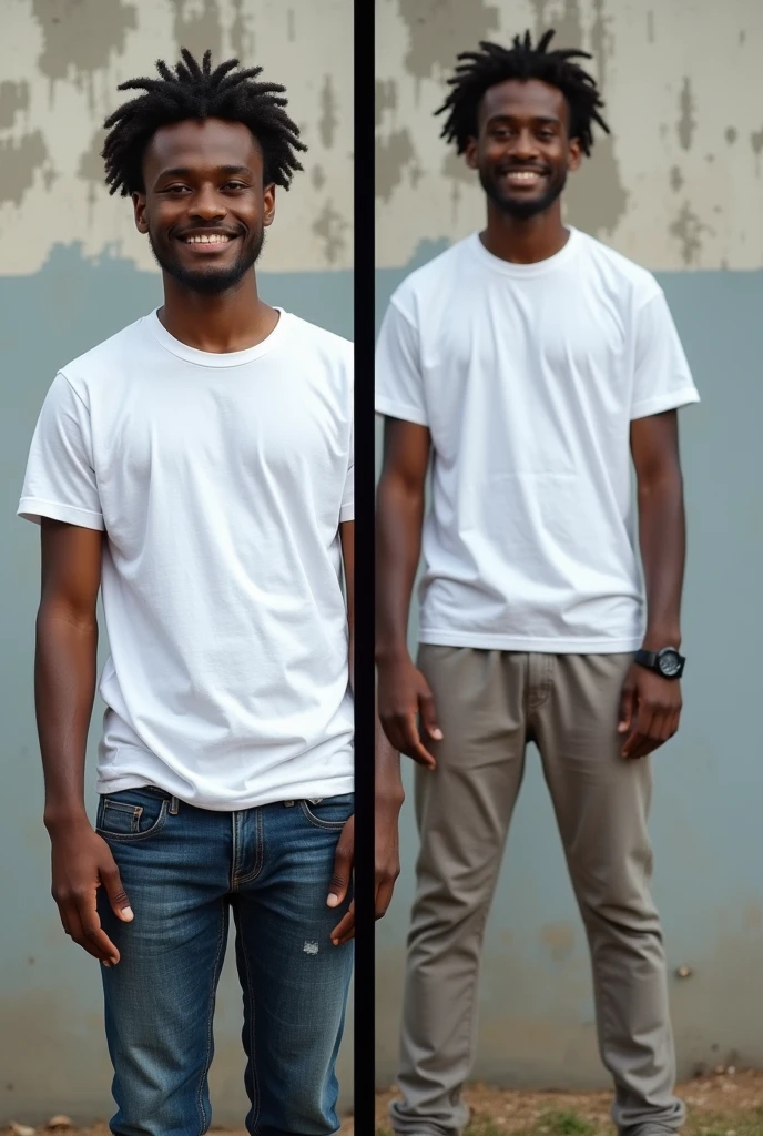 Create a split-image of the same light skinned 21 years old Ethiopian man shown side by side against a messed up wall as a background to illustrate a before and after transformation. In the 'before' image on the left, depict the man as shorter and wearing a plain white T-shirt and jeans. In the 'after' image on the right, show the same man taller, with no change in physique, wearing the same white T-shirt but with casual pants instead. Both images should have the man smiling and looking directly at the camera, with a noticeable difference in height and little difference on presence. The background should be the same for both pictures and minimalist with natural lighting, highlighting the transformation. Make the picture realistic