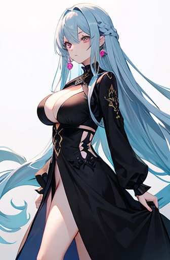 Anime, woman, long hair, pale blue hair, pink eyes, cool, earrings, big boob, wearing a black dress, beautiful, elegant, pure, fantasy,