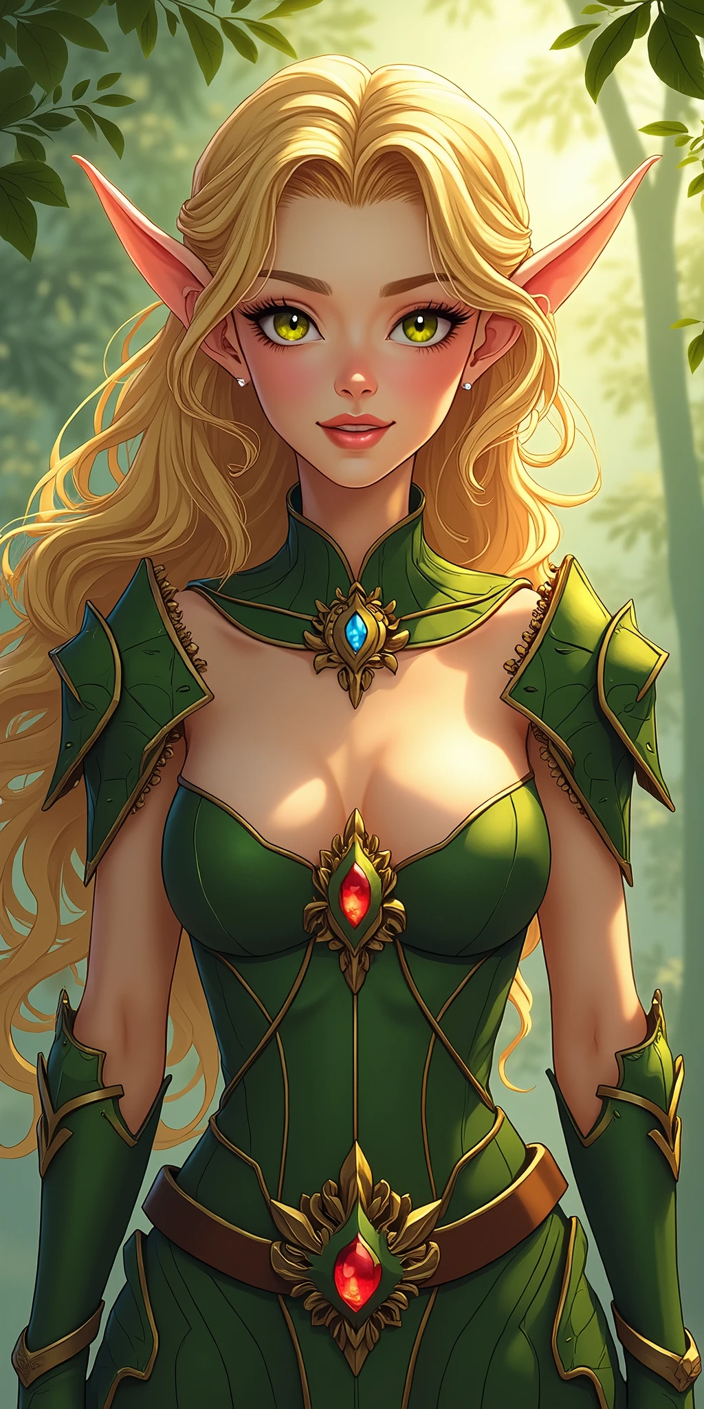 (best quality, ultra-detailed, photorealistic: 1.39), bright and vibrant colors, studio lighting, romantic expression, An effeminate elf, with a delicate and beautiful face. golden design on the edges of the image symbolizing rare nature elf card, with golden edges on the card, golden haired, a An elf with voluminous curly blonde hair, large breasts, wearing nature armor using an armor of leaves, flowers and precious stones on the armor, beautiful smile in a dominant pose emanating elemental magic, nature as a background, she is female knight, anime style, Anime Bishoujo