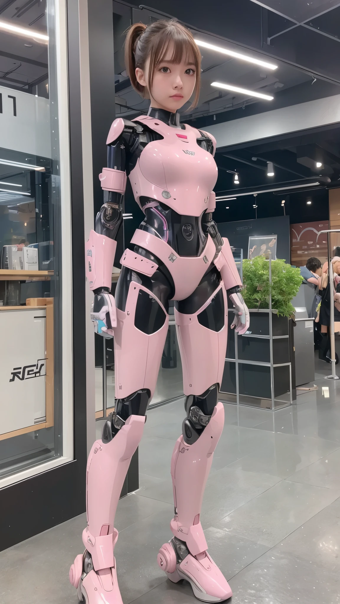 Robot Girl, pink there, Silver, Metallic body, Robot Parts, Metal Parts, Super Detailed Face, Super well-formed face, of the highest quality, a small face, small head, Brown hair, Slender body, Camera gaze, Internal Mechanical Exposure, Idol, front facing, Well-proportioned body, sale, Exhibited, Event Hall, Moe Pose, job interview suit machine armor, Standing with legs open, Model body type, sad, Embarrassing,(Perfect Robot Girl),(Perfect machine body)