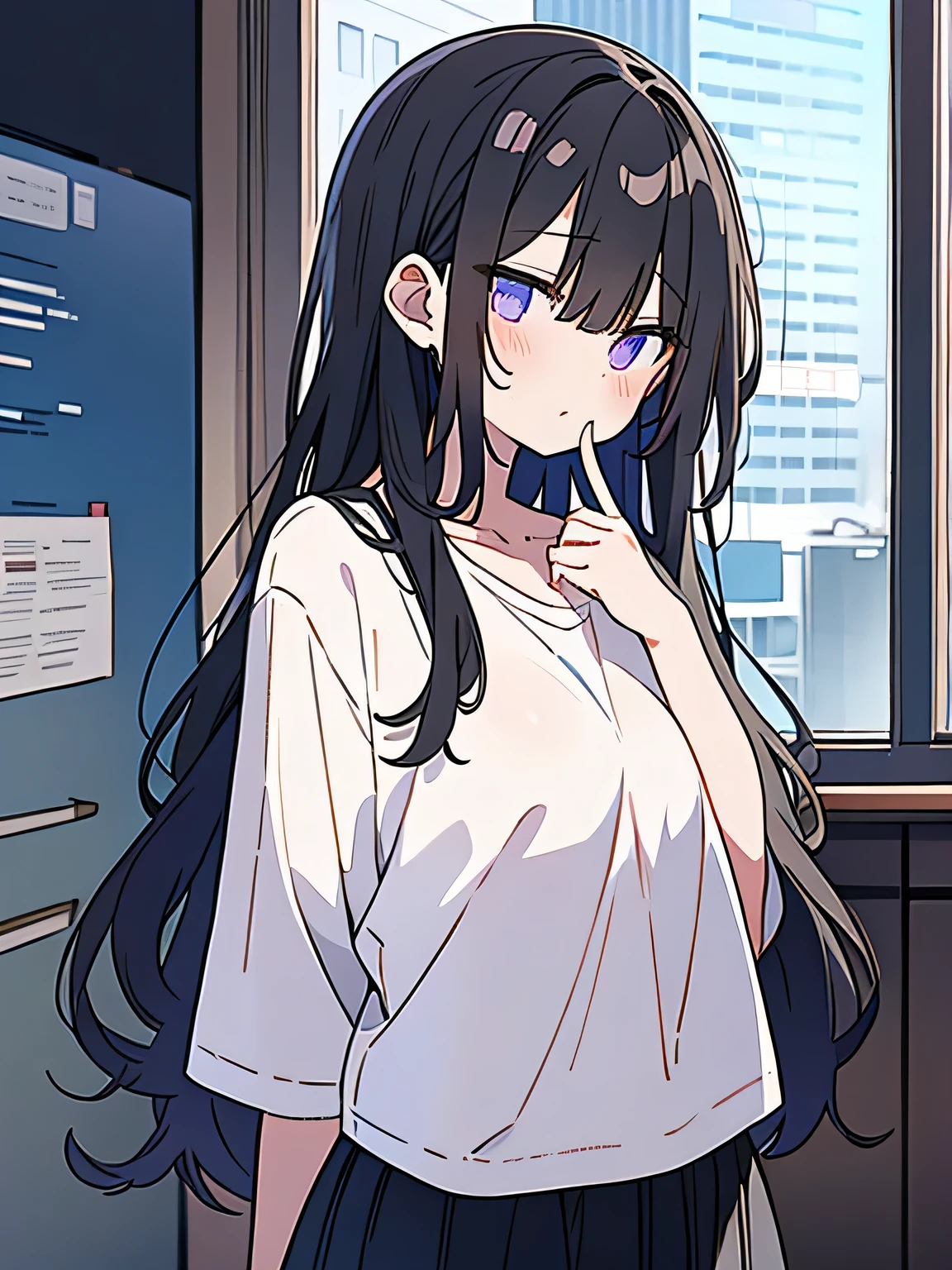 woman、Black Hair、White T-shirt、White sweat on hands、A look of patience