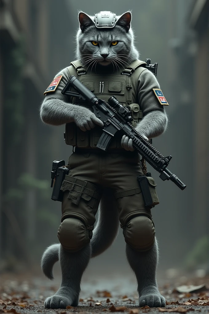 A gray cat with a human body wearing a full special forces uniform,wearing a special forces helmet,holding an automatic rifle