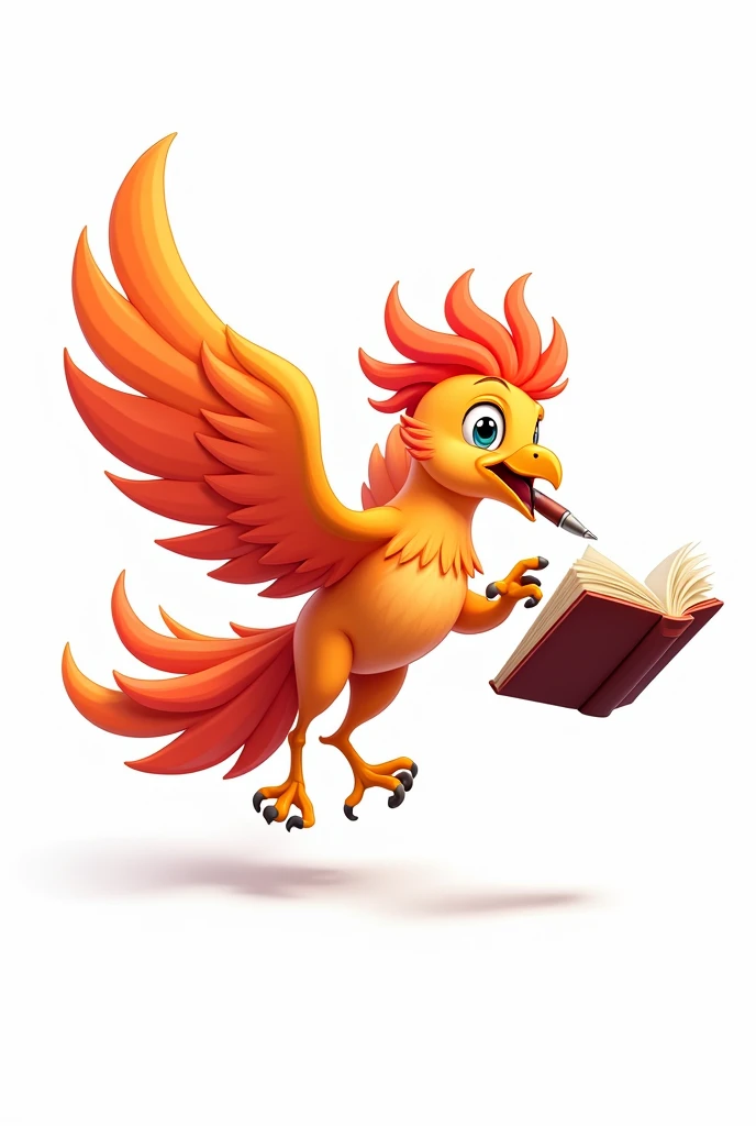 Cute cartoon of a male phoenix biting a pen while flying, white background. ,There is a book.