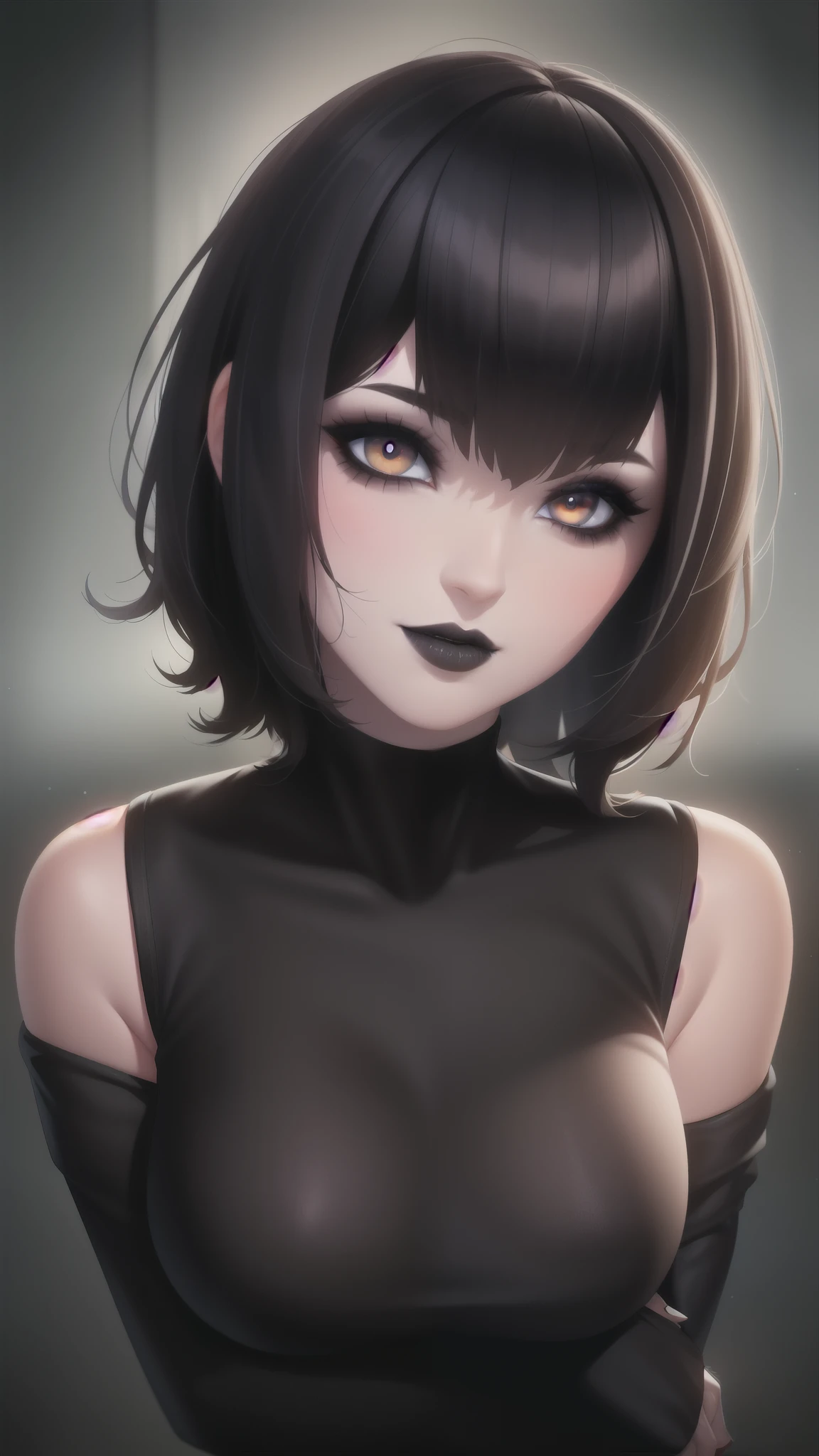 (dark theme:0.6), mevis, 1 girl, shorth hair, black hairr, eyes black, make up, lipstick, black lips , ssmile (HDR:1.22), subdued colors,Full-body image, complex background, 超detailded, until [[by Jordan Grimmer]]