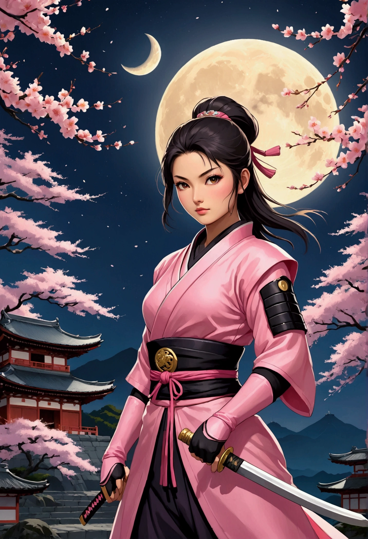 "Generate a full-body cinematic image of a traditional female kunoichi (female ninja) from ancient Japan, set under the mystical glow of the moonlight. She is unsheathing her katana with grace and determination. She wears traditional kunoichi attire, but with the iconic pink color scheme inspired by the Mighty Morphin Pink Power Ranger. Her iconic power ranger helmet, a key feature, is an organic, animal-shaped design resembling a yet elegant creature. Her peach-toned skin glows softly in the moonlight. Sakura blossoms gently fall around her, adding to the serene yet intense atmosphere. The background features a grand Japanese castle, partially illuminated by the moon, surrounded by the rural beauty of ancient Japan. Her hair moves slightly in the breeze, adding life to the scene. The image should capture the elegance, strength, and mystery of the kunoichi, with every detail, from her skin texture to the fabric of her attire, rendered in stunning 1200 DPI