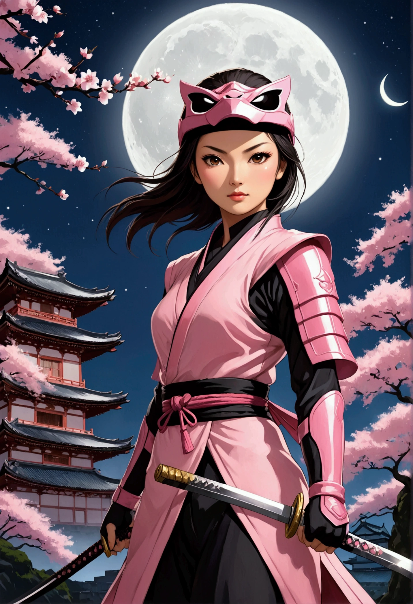 "Generate a full-body cinematic image of a traditional female kunoichi (female ninja) from ancient Japan, set under the mystical glow of the moonlight. She is unsheathing her katana with grace and determination. She wears traditional kunoichi attire, but with the iconic pink color scheme inspired by the Mighty Morphin Pink Power Ranger. Her iconic power ranger helmet, a key feature, is an organic, animal-shaped design resembling a fierce yet elegant creature. Her peach-toned skin glows softly in the moonlight. Sakura blossoms gently fall around her, adding to the serene yet intense atmosphere. The background features a grand Japanese castle, partially illuminated by the moon, surrounded by the rural beauty of ancient Japan. Her hair moves slightly in the breeze, adding life to the scene. The image should capture the elegance, strength, and mystery of the kunoichi, with every detail, from her skin texture to the fabric of her attire, rendered in stunning 1200 DPI