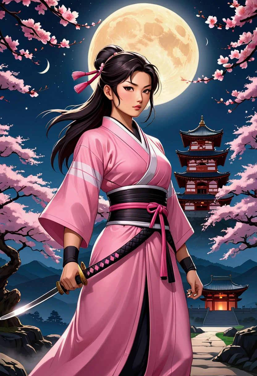 "Generate a full-body cinematic image of a traditional female kunoichi (female ninja) from ancient Japan, set under the mystical glow of the moonlight. She is unsheathing her katana with grace and determination. She wears traditional kunoichi attire, but with the iconic pink color scheme inspired by the Mighty Morphin Pink Power Ranger. Her iconic power ranger helmet, a key feature, is an organic, animal-shaped design resembling a fierce yet elegant creature. Her peach-toned skin glows softly in the moonlight. Sakura blossoms gently fall around her, adding to the serene yet intense atmosphere. The background features a grand Japanese castle, partially illuminated by the moon, surrounded by the rural beauty of ancient Japan. Her hair moves slightly in the breeze, adding life to the scene. The image should capture the elegance, strength, and mystery of the kunoichi, with every detail, from her skin texture to the fabric of her attire, rendered in stunning 1200 DPI