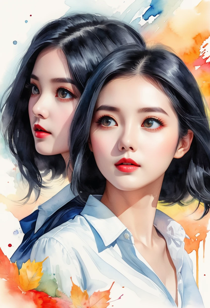 (Upward angle:1.6), beautiful 2woman, romantic movie poster for women, neat woman with long black hair and pop woman with short white hair、masterpiece、Highest quality, Detailed Description、Beautiful Face、Beautiful Eyes, watercolor style, thm style, fantastical realism