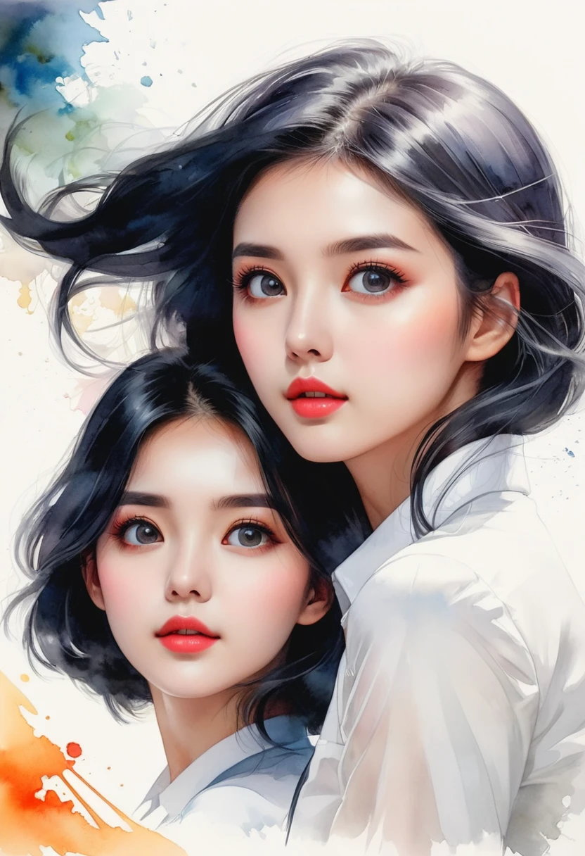 (Upward angle:1.6), beautiful 2woman, romantic movie poster for women, neat woman with long black hair and pop woman with short white hair、masterpiece、Highest quality, Detailed Description、Beautiful Face、Beautiful Eyes, watercolor style, thm style, fantastical realism