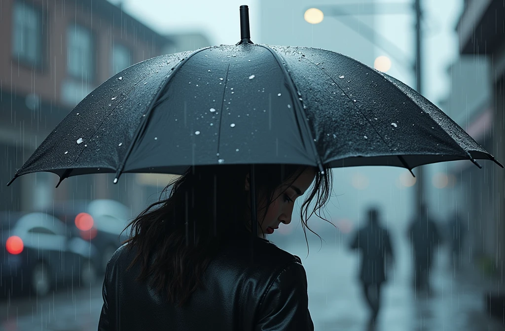a person standing alone in the rain, head down, shoulders hunched, holding a black umbrella, heavy rain creating a somber mood, cinematic movie poster, digital art, highly detailed, photorealistic, dramatic lighting, muted color palette, moody atmosphere, beautiful detailed eyes, beautiful detailed face, extremely detailed portrait, intricate details, cinematic composition, masterpiece, best quality, 8k, HDR, physically-based rendering