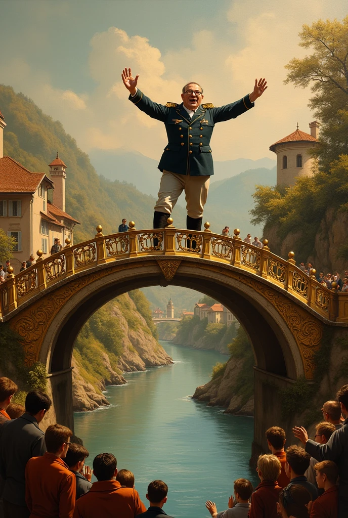 Create a painting in a gold frame: a bridge over a river on top of the bridge a man in Prussian uniform with glasses and fat ready to jump, cheering people. Villas in the background