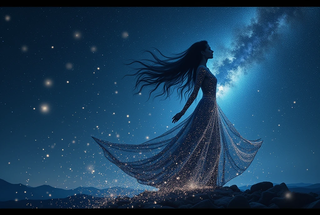 (RAW photo, realistic photo, high quality, masterpiece), Starry Sky, stars in the sky,  Starry Sky form the outline of long hair woman in the sky